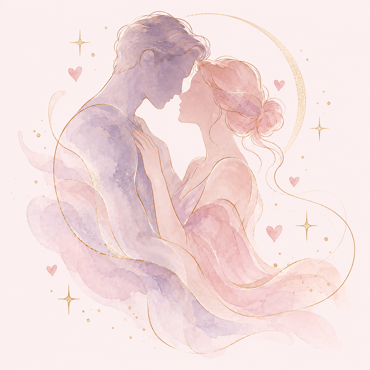 Romantic watercolor illustration of two abstract silhouettes in lilac and blush pink with delicate gold accents